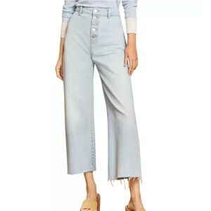 Veronica Beard Light Wash Grant Wide Leg Crop Jeans 24 Button Front Raw Hem
